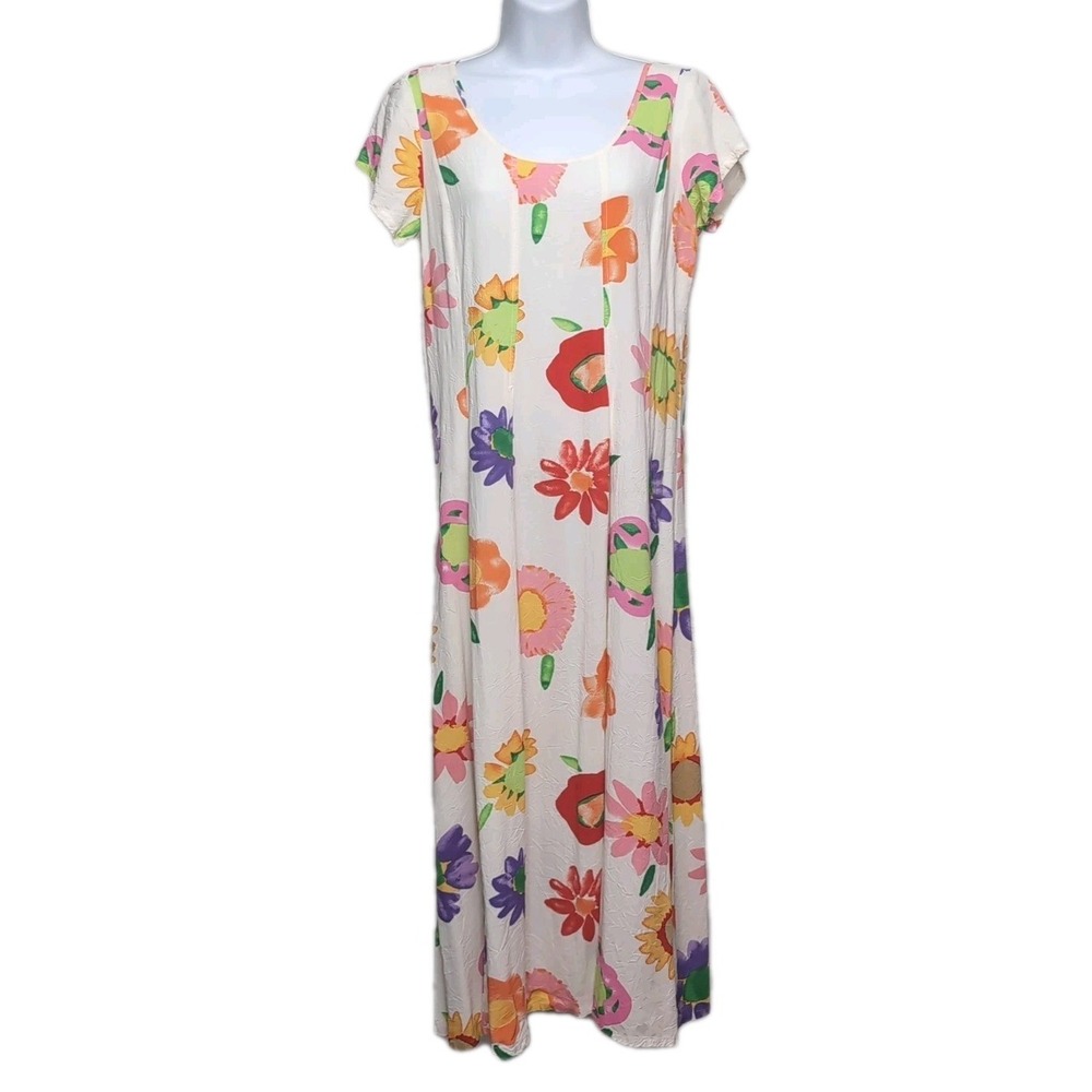 VTG JAMS WORLD Midi Dress‎ Womens S Cream Floral Cap Sleeves Back Ties FLAWS